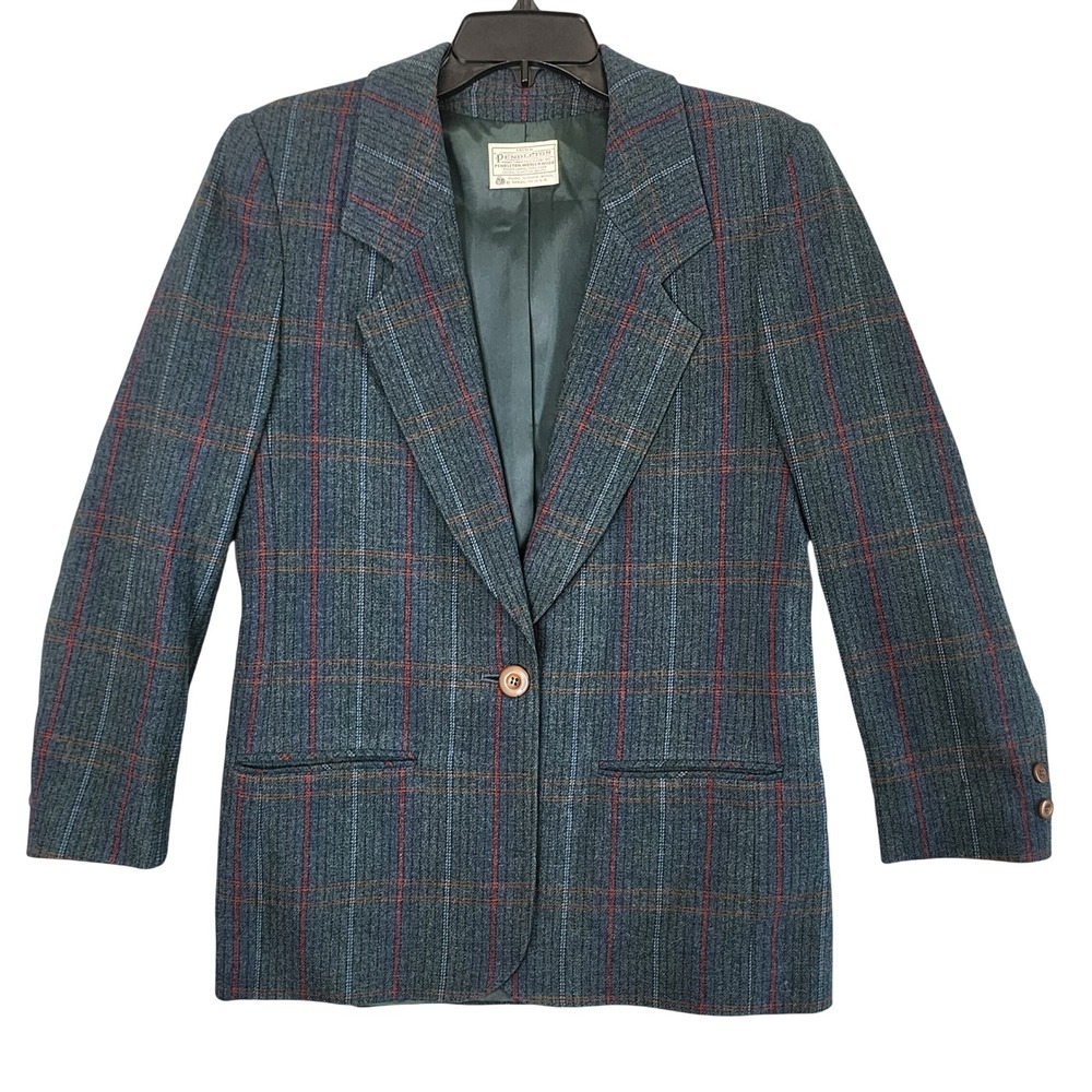 Miss Pendleton Wool Blazer Women's 8 Green Red Plaid Vintage Made in USA